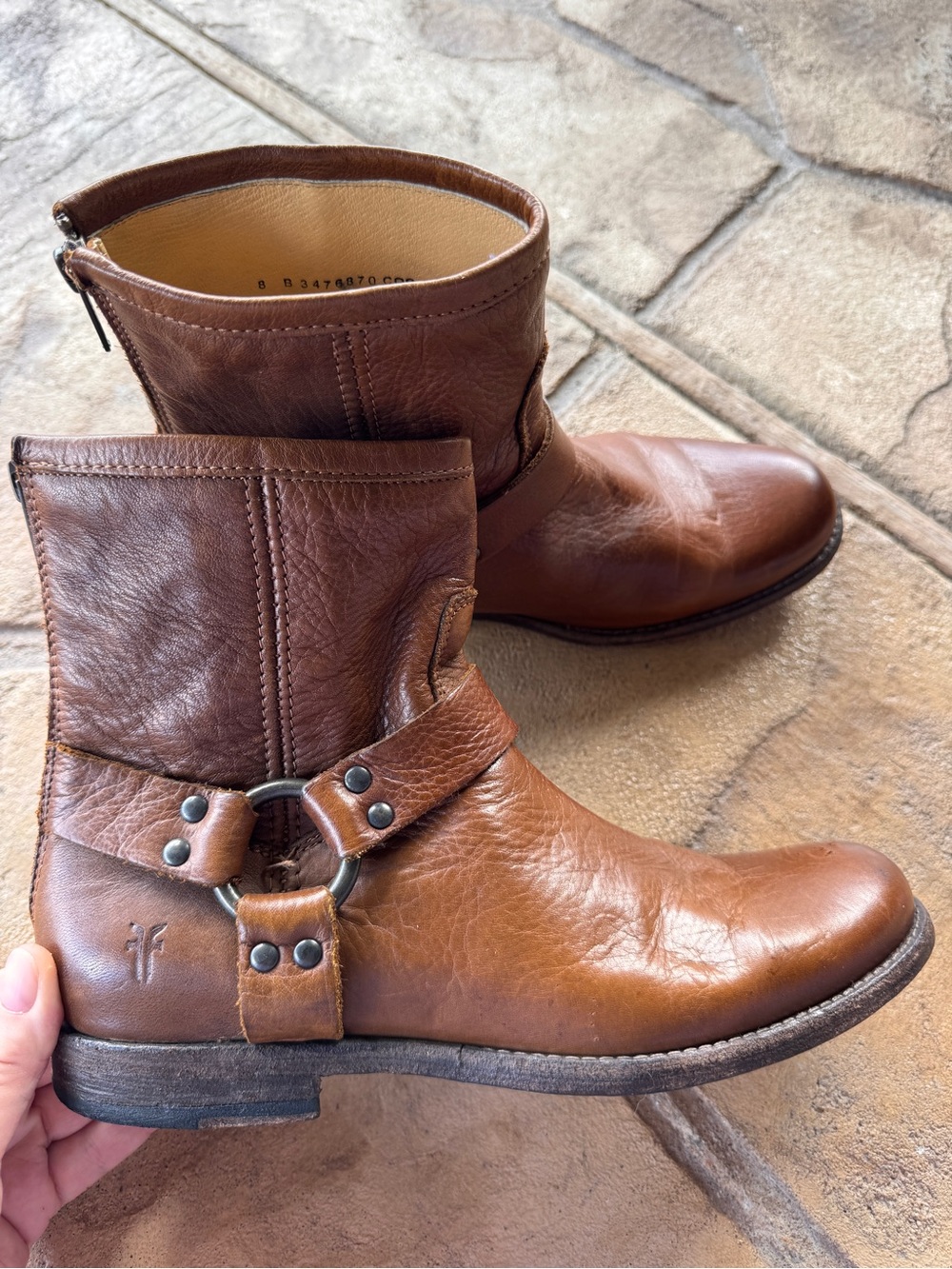 Frye Phillip Harness Short Boots Cognac Leather Moto Biker Women’s Size 8 B